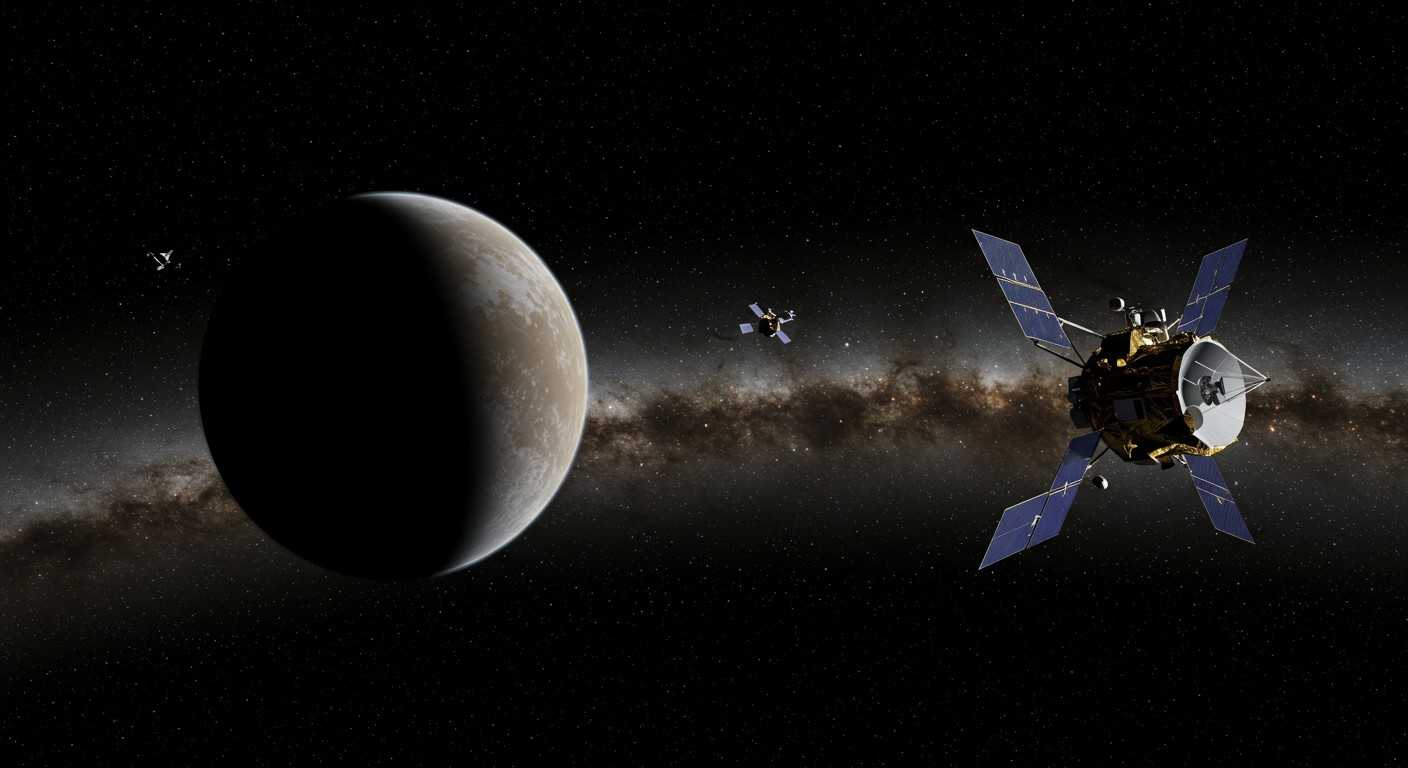 Художественное изображение зонда New Horizons, направляющегося в глубокий космос, или вид Юпитера и его спутника Ио.