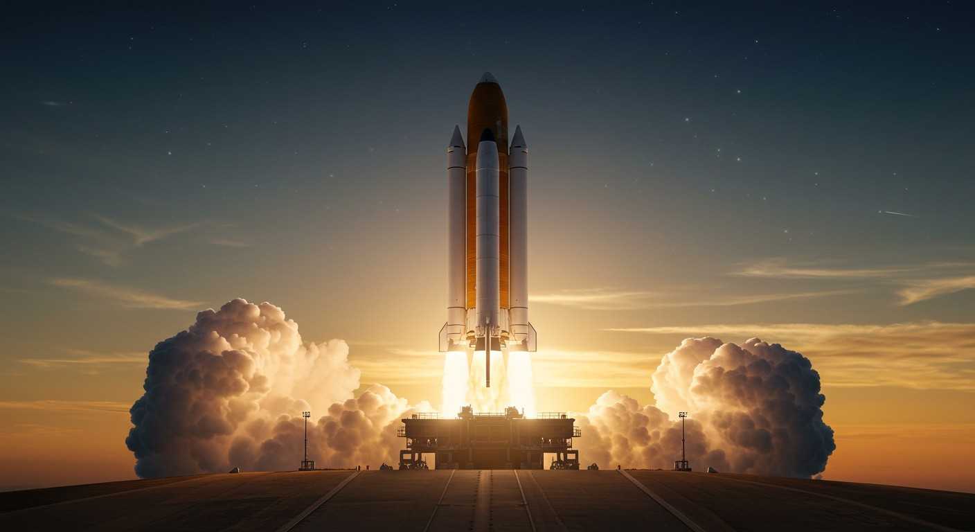 Предстоящий запуск Starship от SpaceX, готовый к испытательному полёту на фоне рассвета.
