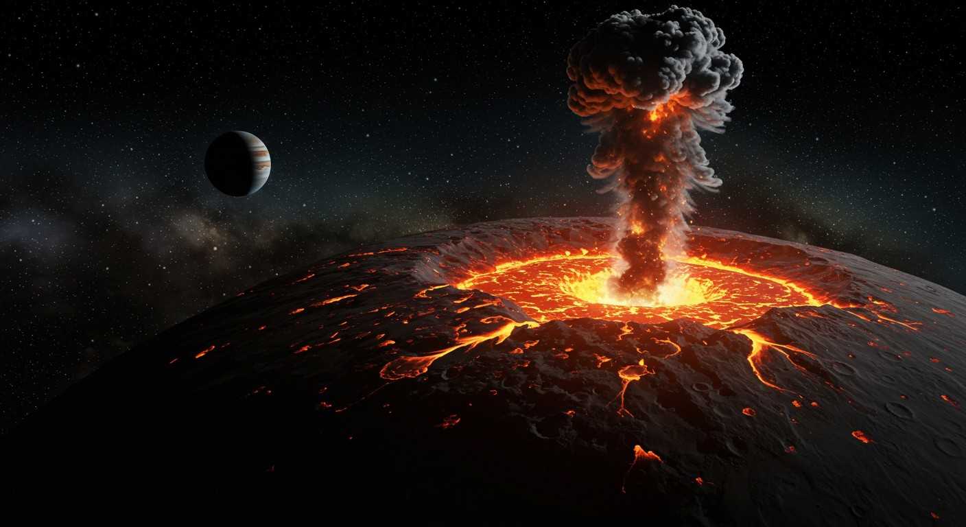 Художественное представление Ио, самого вулканически активного спутника Солнечной системы, с извергающимися гейзерами и