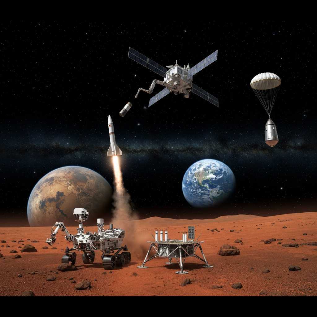 Художественное представление сложной архитектуры миссии Mars Sample Return, демонстрирующей этапы сбора образцов, запуск