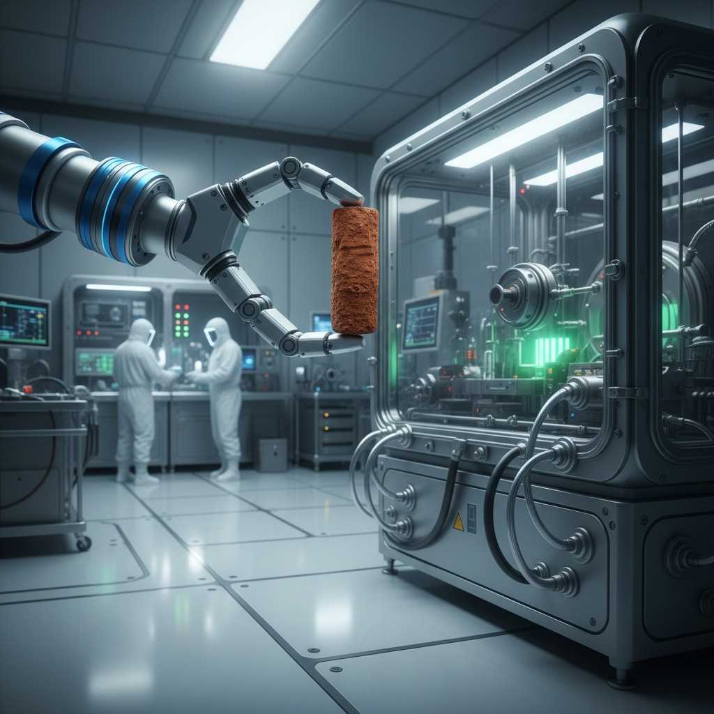Образец марсианской породы, извлеченный марсоходом Perseverance, тщательно изучается специалистами в лаборатории с контр