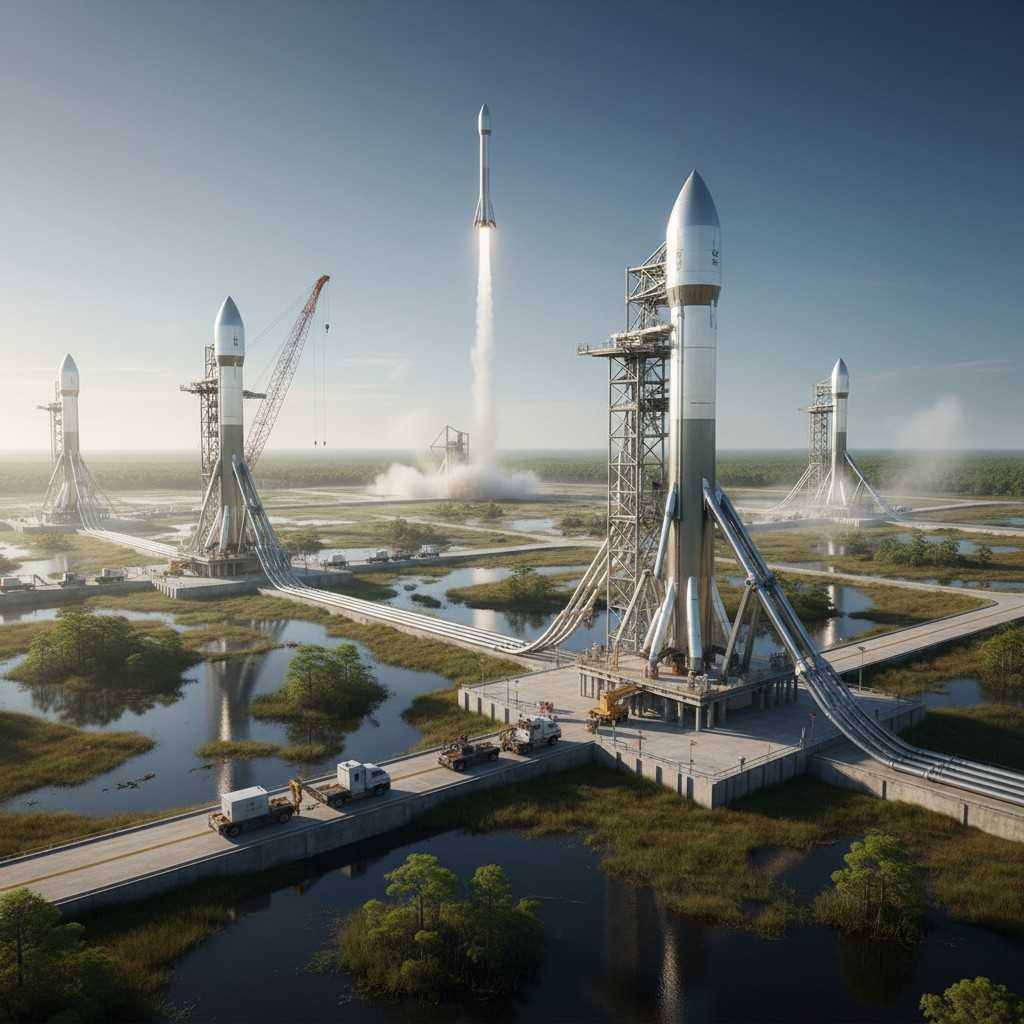 Концепт-арт нового комплекса Starbase в Луизиане, демонстрирующий готовность к тысячам запусков Starship ежегодно, симво